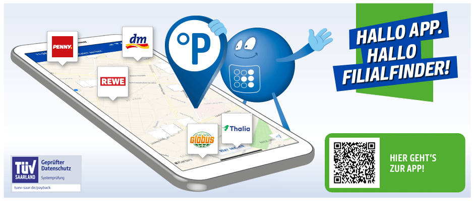 Regiomap auf einem Smartphone mit den Logos der Partner REWE, dm, Penny, Globus und Thalia.