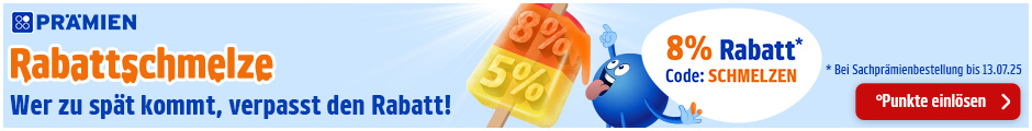 8% Rabatt für dich auf physische Prämien. Beeil dich, der Rabattcode schmilzt am Sonntag auf 5%. Jetzt °Punkte einlösen.