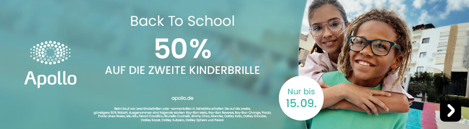 Back To School: 50 % auf die zweite Kinderbrille bei Apollo. Nur bis 15.09.25. Hier klicken.