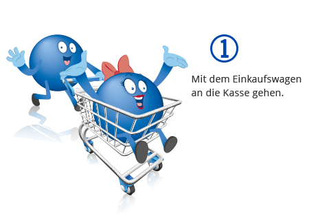 Mit dem Einkaufswagen zur Kasse gehen