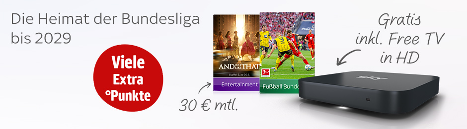 Die Heimat der Bundesliga bis 2029. Gratis Skybox mit Free TV in HD für 30 € im Monat. Viele Extra-Punkte.