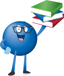 Ein Pointee hält zufrieden Bücher hoch