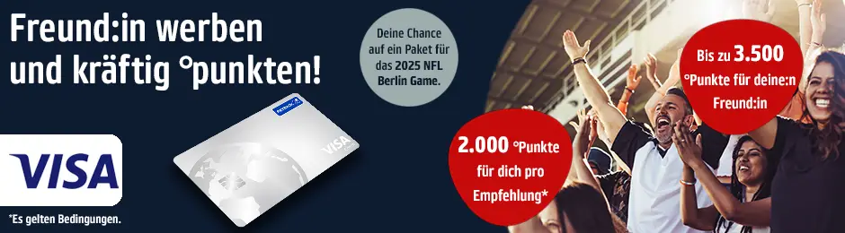 Freund:in werben und kräftig °punkten! Deine Chance auf ein Paket für das 2025 NFL Berlin Game. 2.000 Punkte für dich.
