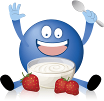 Ein Pointee isst Joghurt mit Erdbeeren