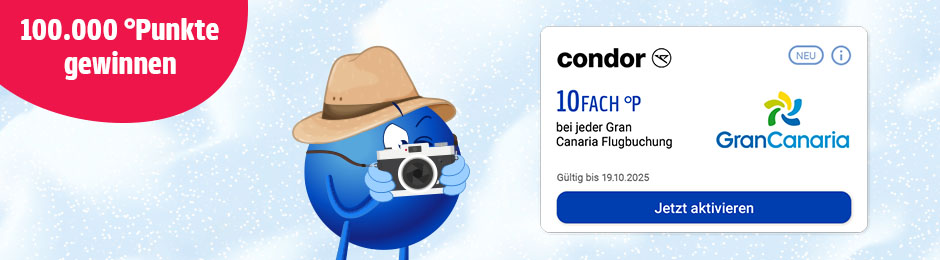 100.000 °Punkte Chance mit einer Buchung eines Condor Flugs nach Gran Canaria. Zum Coupon hier klicken.
