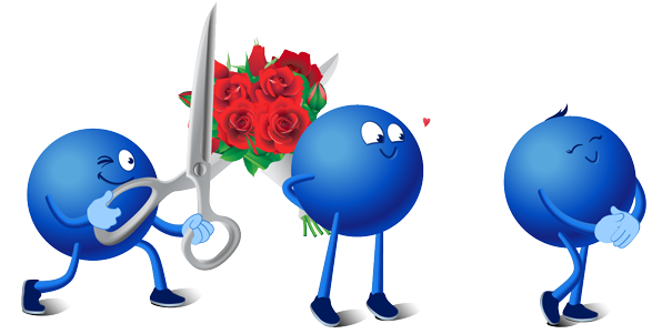 Ein Pointee will einem anderen Blumen schenken, aber ein dritter droht sie mit der Schere zu zerschneiden