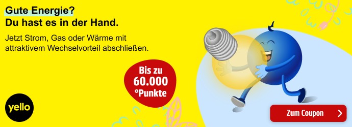 Yello: Bis zu 60.000 Punkte pro Abschluss. Jetzt Energieanbieter wechseln. Hier klicken, um zum Coupon zu gelangen.