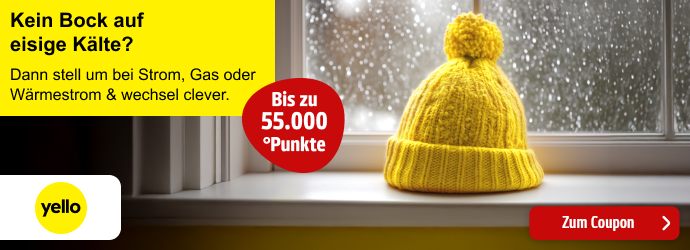 Yello: Bis zu 55.000 Punkte pro Abschluss. Jetzt Energieanbieter wechseln. Hier klicken, um zum Coupon zu gelangen.