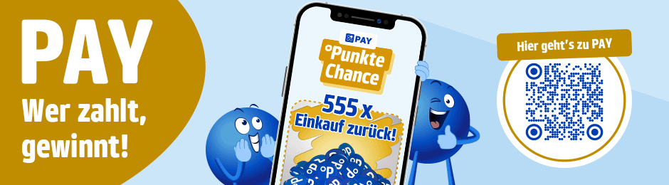 Bei jeder Zahlung mit PAYBACK PAY zusätzlich punkten. Mit etwas Glück 555-mal Einkauf in Punkten zurückgewinnnen.