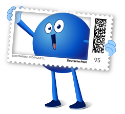 Ein Pointee schaut quietschvergnügt durch eine Briefmarke.